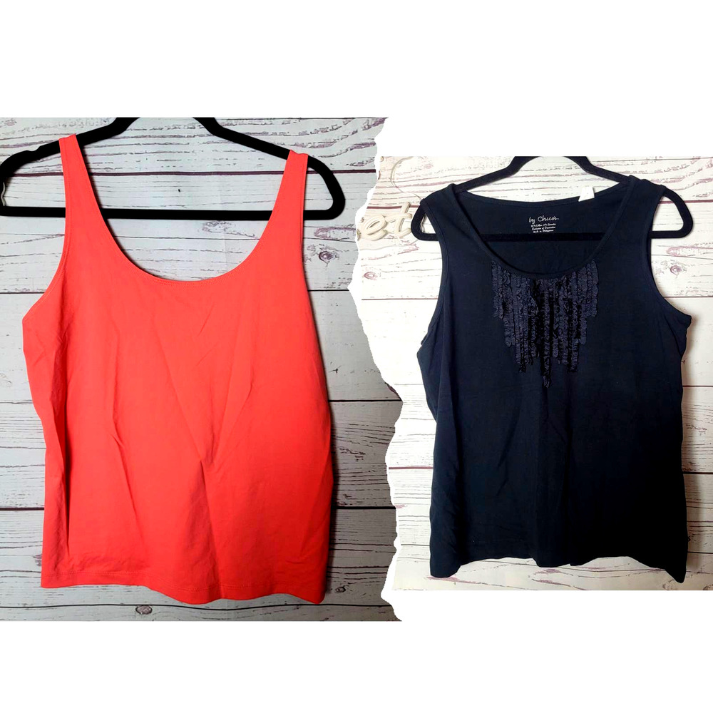 Lot of 2 Chico's Coral Pink Black Scoop Neck Sleeveless Tank Top Womans Size‎ 2